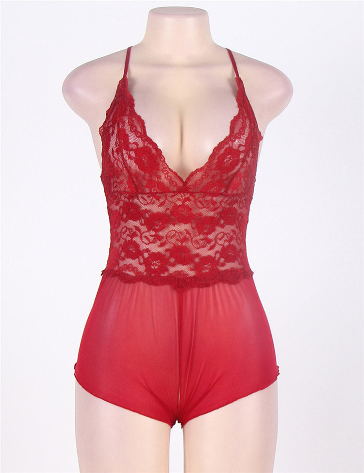 Wine Red Halter Lace Teddy Lingerie
