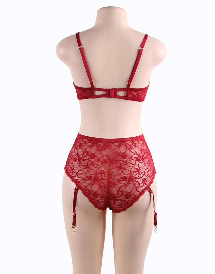 Sophisticated Red Lace Bust Bra And Garter Panty Set With Steel Ring