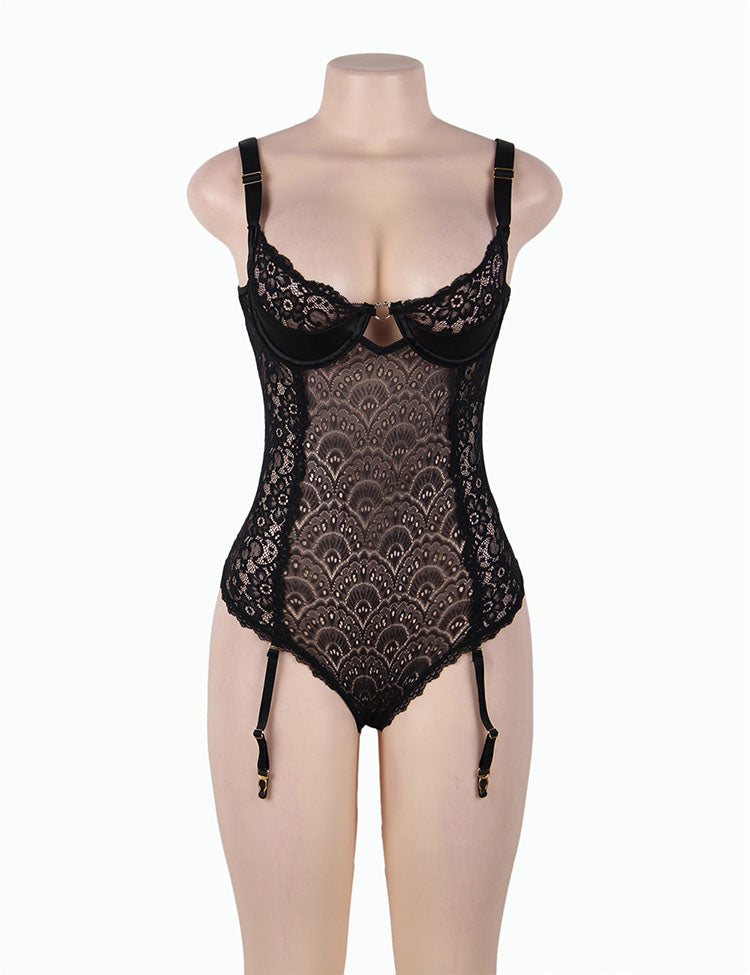 Peacock pattern Lace Teddy With Steel Ring