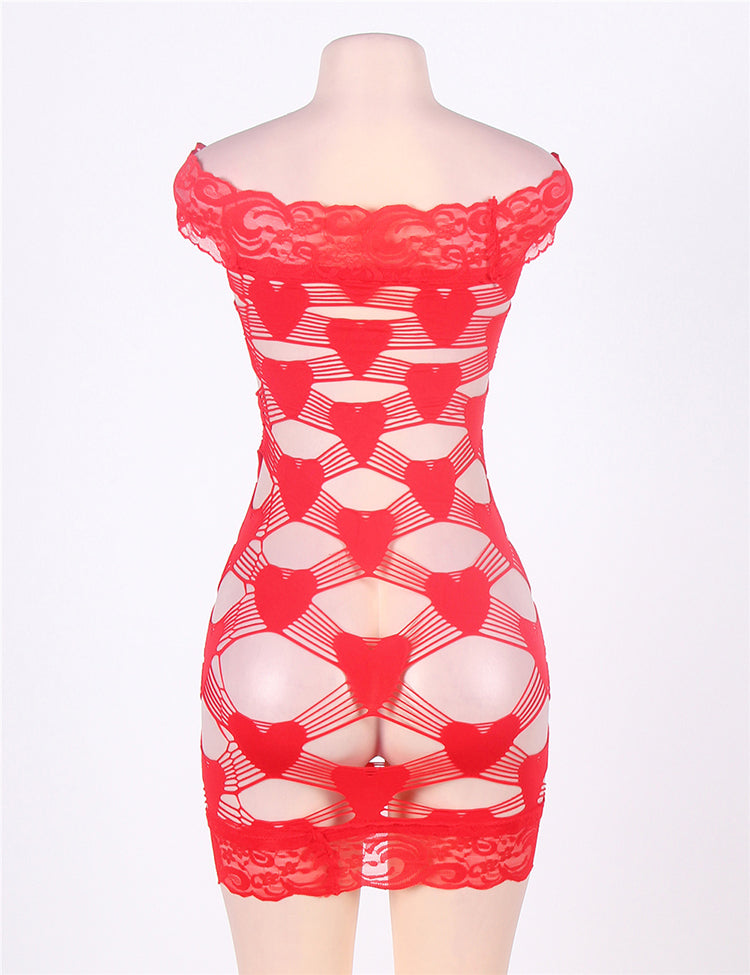 Plus Size Red Crocheted Lace Hollow-out Seamless Chemise Set