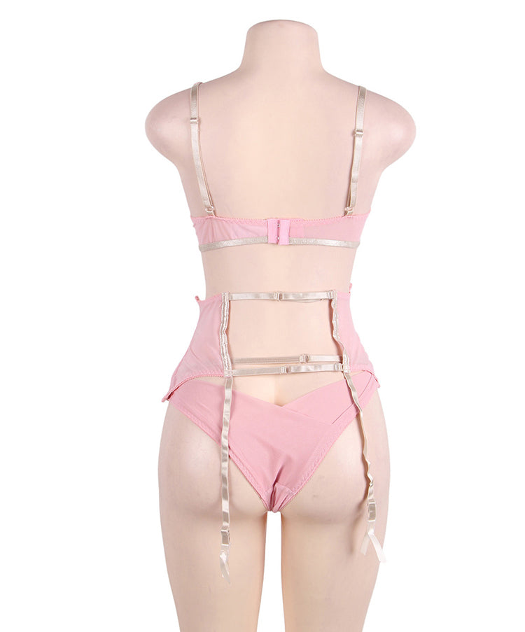 Seductive Pink 3 Piece Delicate Lace Bra Garter Set