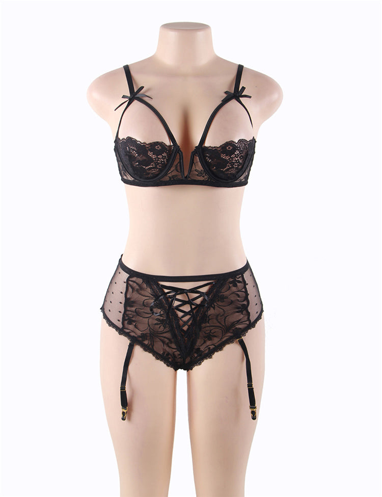 Sophisticated Red Lace Bust Bra And Garter Panty Set With Steel Ring