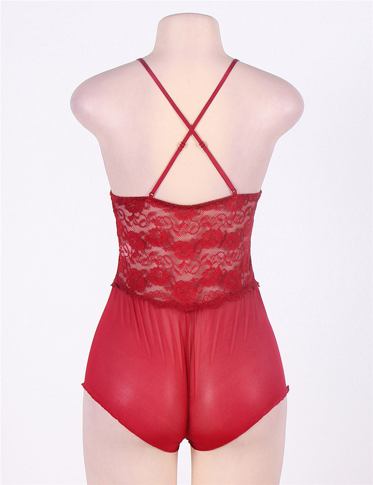 Wine Red Halter Lace Teddy Lingerie