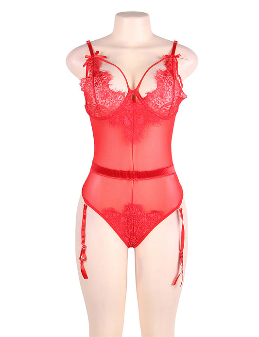 Plus Size Eyelash Lace Teddy with Garters